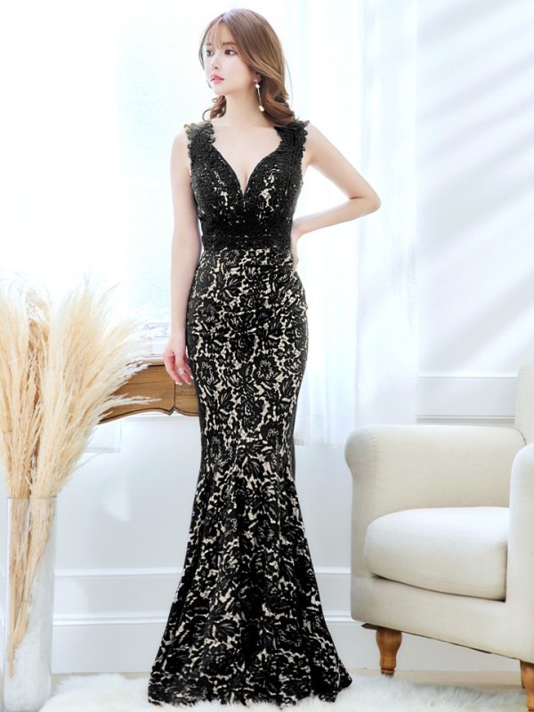 画像39: Lサイズあり【UNA VALERIE / ウナヴァレリェ】 フラワーレース/ ノースリーブ/ サイドタック/ マーメイド/ ロングドレス/ キャバドレス long[OF05]