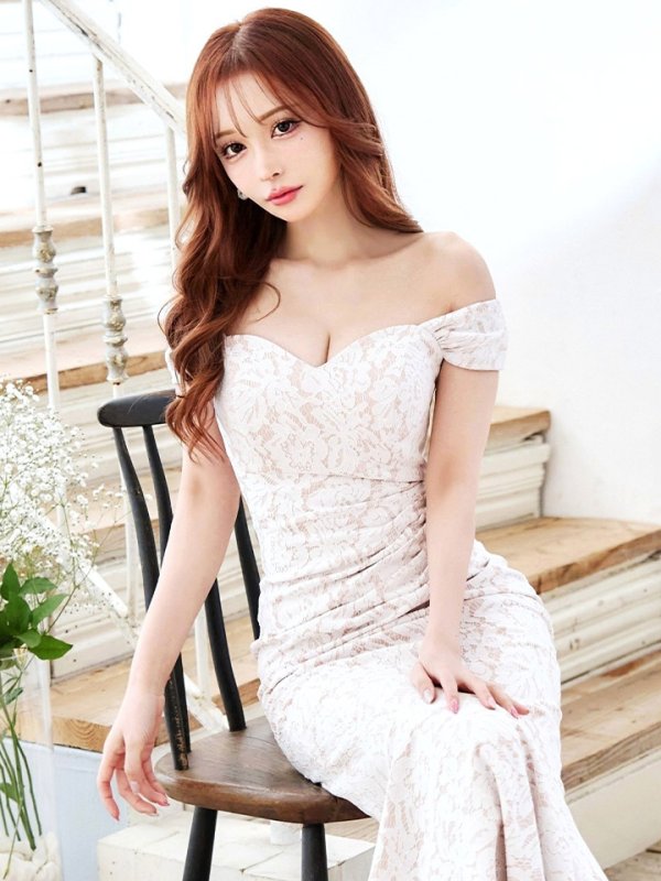 画像5: Lサイズあり【UNA VALERIE / ウナヴァレリェ】 フラワーレース/ オフショル/ タック/ マーメイド/ ロングドレス/ キャバドレス long[OF05]