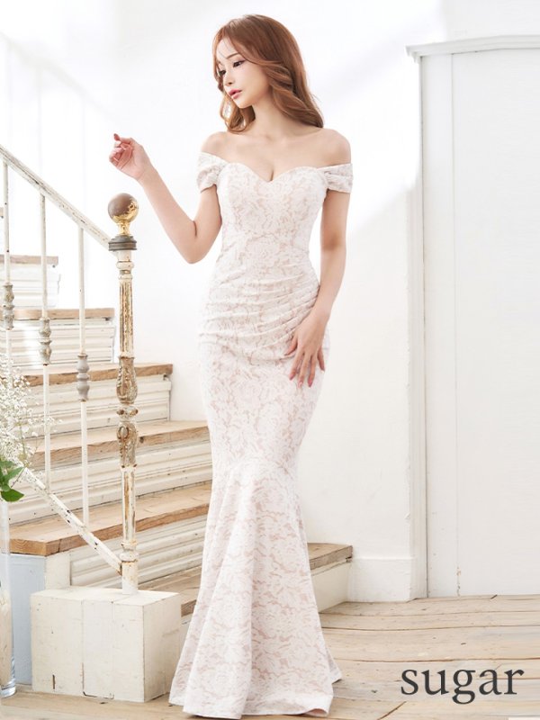 画像7: Lサイズあり【UNA VALERIE / ウナヴァレリェ】 フラワーレース/ オフショル/ タック/ マーメイド/ ロングドレス/ キャバドレス long[OF05]