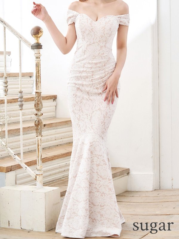 画像8: Lサイズあり【UNA VALERIE / ウナヴァレリェ】 フラワーレース/ オフショル/ タック/ マーメイド/ ロングドレス/ キャバドレス long[OF05]