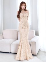 Lサイズあり【UNA VALERIE / ウナヴァレリェ】 花柄/ オフショルダー/ バストシアー/ ギャザー/ タック/ マーメイド/ ロングドレス long[OF05]