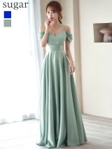 Lサイズあり【UNA VALERIE / ウナヴァレリェ】タックデザイン/ サテン/ オフショル/ キャミソール/ フレア/ Aライン/ ロングドレス/ キャバドレス[OF05]