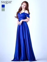 Lサイズあり【UNA VALERIE / ウナヴァレリェ】タックデザイン/ サテン/ オフショル/ キャミソール/ フレア/ Aライン/ ロングドレス/ キャバドレス[OF05]