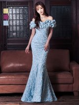 Lサイズあり【UNA VALERIE / ウナヴァレリェ】マーメイド/ フラワージャガード/ オフショル/ フリル/ パール/ ロングドレス/ キャバドレス long[OF05]