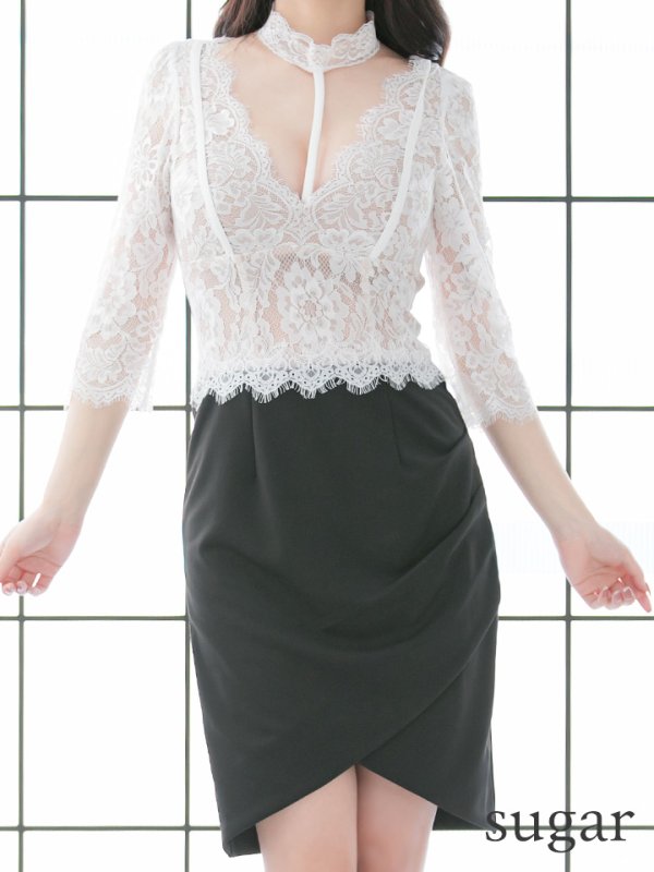 画像7: 【Andy GLAMOROUS/アンディグラマラス】チョーカーデザイン/ バイカラー/ レース/ 切り替え/ 袖あり/ タイト/ ミニドレス/ キャバドレス[FB03]