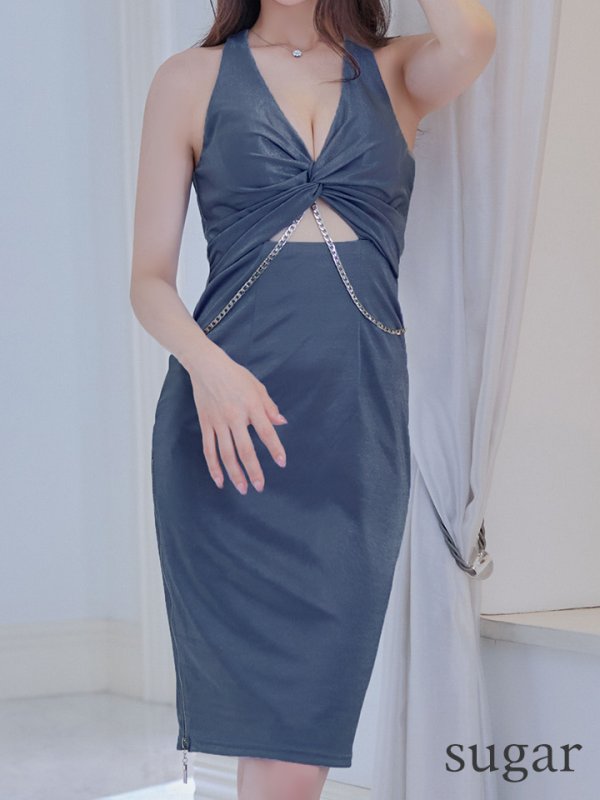 画像11: XSサイズあり【Veautt/ヴュート】【OF05】バストクロス/ タック/ チェーンビジュー/ サテン/ ワンカラー/ ひざ丈/ タイト/ ミディアムドレス/ キャバドレス