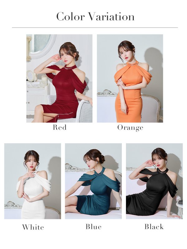 画像39: XSサイズあり【Veautt/ヴュート】【OF05】ホルダーネックチェーン/ オープンショルダー/ タイト/ ミディアムドレス/ キャバドレス