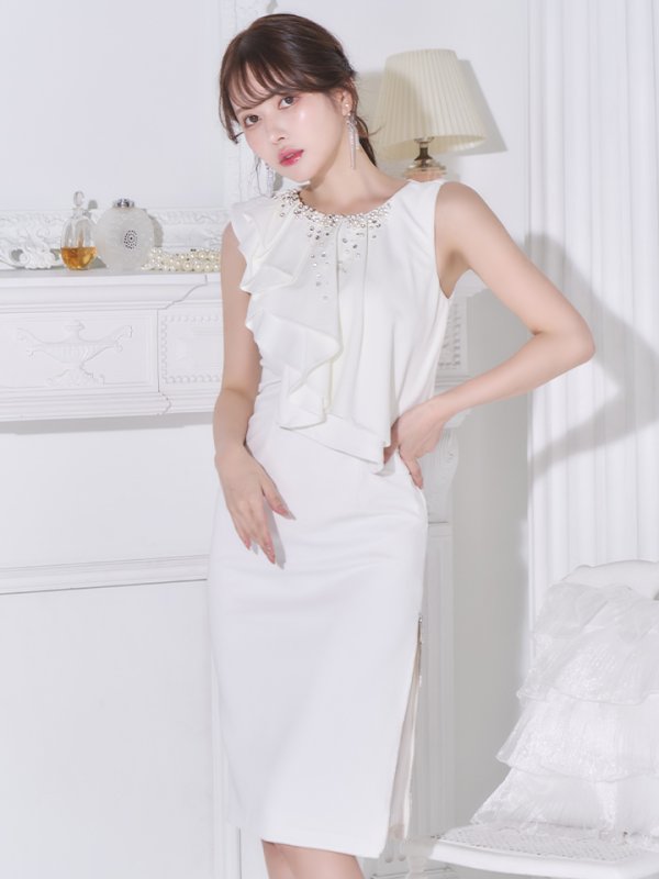 画像14: XSサイズあり【Veautt/ヴュート】 アッパーフリルデザイン/ ビジュー/ ファスナー/ タイト/ ミディアムドレス/ キャバドレス