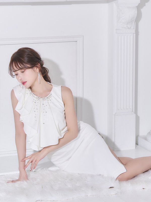 画像15: XSサイズあり【Veautt/ヴュート】 アッパーフリルデザイン/ ビジュー/ ファスナー/ タイト/ ミディアムドレス/ キャバドレス