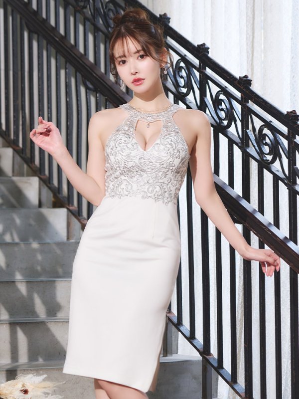 画像6: XSサイズあり【Veautt/ヴュート】【OF05】ホルターネック/ 刺繍 /  デコルテ/  ストレッチ/ タイト/ ミディアムドレス/ キャバドレス