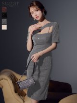 【予約商品/7月中旬-7月下旬発送予定】XSサイズあり【Veautt/ヴュート】【OF05】ワンショルダー/ アシンメトリー/ バストカット/ チェーン/ ラメ/ ショートスリーブ/ タイト/ ミディアムドレス/ キャバドレス