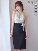 XSサイズあり【Veautt/ヴュート】【OF05】ウエストクロス/ バストタック/ リボン/ バイカラー/ チェーン/ サイドファスナー/ タイト/ ミディアムドレス/ キャバドレス