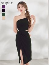 XSサイズあり【Veautt/ヴュート】ワンショルダー/ ビジュー/ ウエストカット/ タック/ スリット/ タイト/ ミディアムドレス/ キャバドレス【OF05】