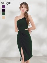 XSサイズあり【Veautt/ヴュート】ワンショルダー/ ビジュー/ ウエストカット/ タック/ スリット/ タイト/ ミディアムドレス/ キャバドレス【OF05】