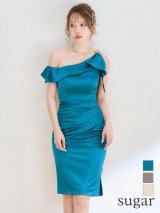 【予約商品/7月中旬-7月下旬発送予定】XSサイズあり【Veautt/ヴュート】ワンショルダー/ ビジュー/ ウエストタック/ アシメ/ フリル/ サイドファスナー/ タイト/ ミディアムドレス/ キャバドレス[OF05]