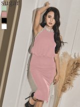 XSサイズあり【Veautt/ヴュート】アメスリ/ ホルターネック/ ネックショルダービジュー/ ファスナースリット/ ジップスリット/ タイト/ひざ丈/ミディアム/ ミニドレス/ キャバドレス[OF05]