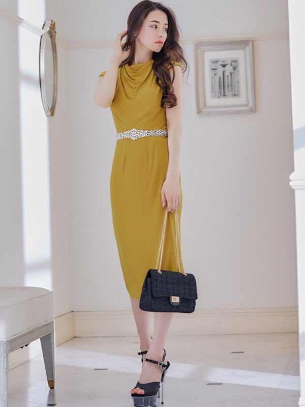 画像4: XSサイズあり【Veautt/ヴュート】【OF05】ハイネック/ ドレープ/ ウエストビジュー/ Vバック/ タイト/ ひざ丈/ ミディアム/ キャバドレス