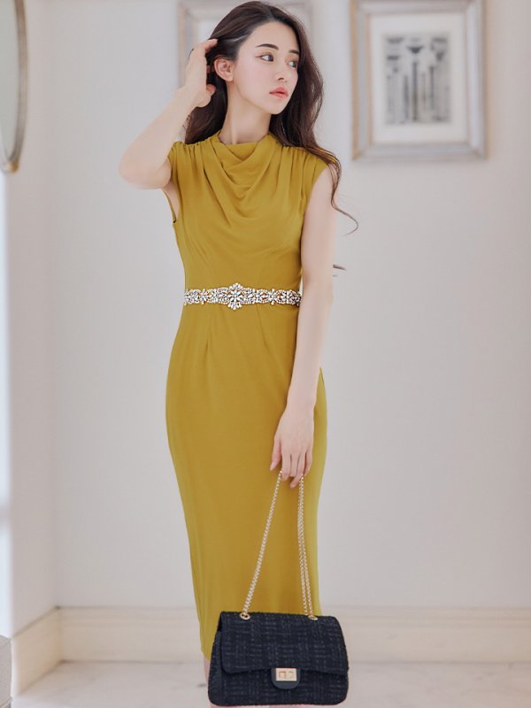 画像6: XSサイズあり【Veautt/ヴュート】【OF05】ハイネック/ ドレープ/ ウエストビジュー/ Vバック/ タイト/ ひざ丈/ ミディアム/ キャバドレス