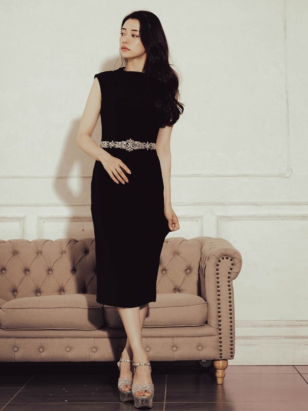 画像3: XSサイズあり【Veautt/ヴュート】【OF05】ハイネック/ ドレープ/ ウエストビジュー/ Vバック/ タイト/ ひざ丈/ ミディアム/ キャバドレス