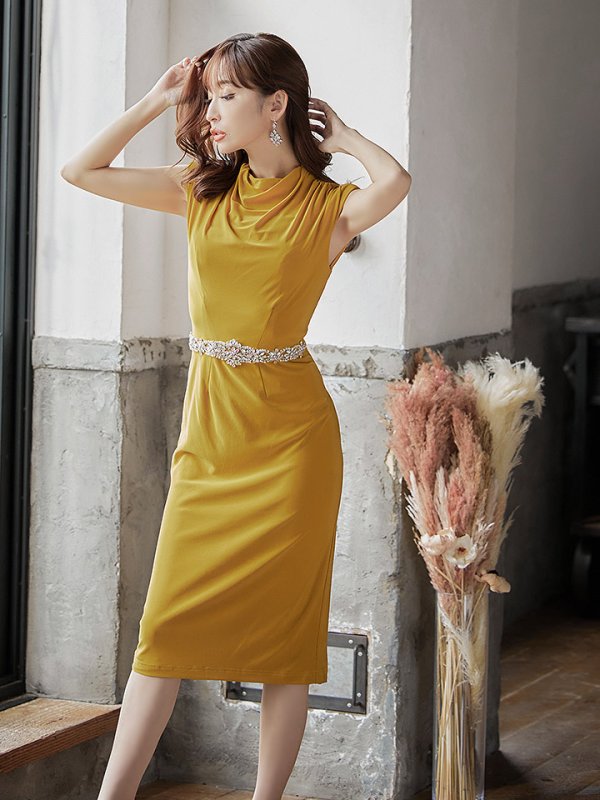 画像3: XSサイズあり【Veautt/ヴュート】【OF05】ハイネック/ ドレープ/ ウエストビジュー/ Vバック/ タイト/ ひざ丈/ ミディアム/ キャバドレス