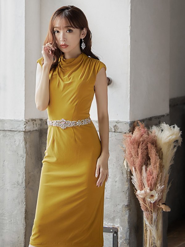 画像4: XSサイズあり【Veautt/ヴュート】【OF05】ハイネック/ ドレープ/ ウエストビジュー/ Vバック/ タイト/ ひざ丈/ ミディアム/ キャバドレス