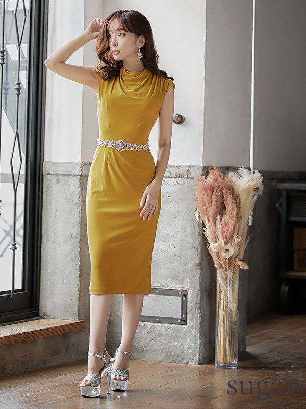 画像6: XSサイズあり【Veautt/ヴュート】【OF05】ハイネック/ ドレープ/ ウエストビジュー/ Vバック/ タイト/ ひざ丈/ ミディアム/ キャバドレス