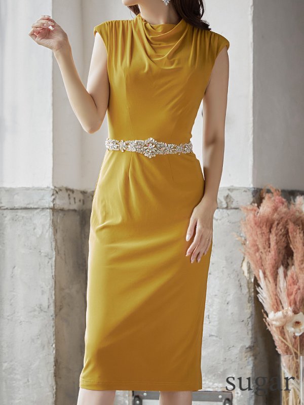 画像7: XSサイズあり【Veautt/ヴュート】【OF05】ハイネック/ ドレープ/ ウエストビジュー/ Vバック/ タイト/ ひざ丈/ ミディアム/ キャバドレス