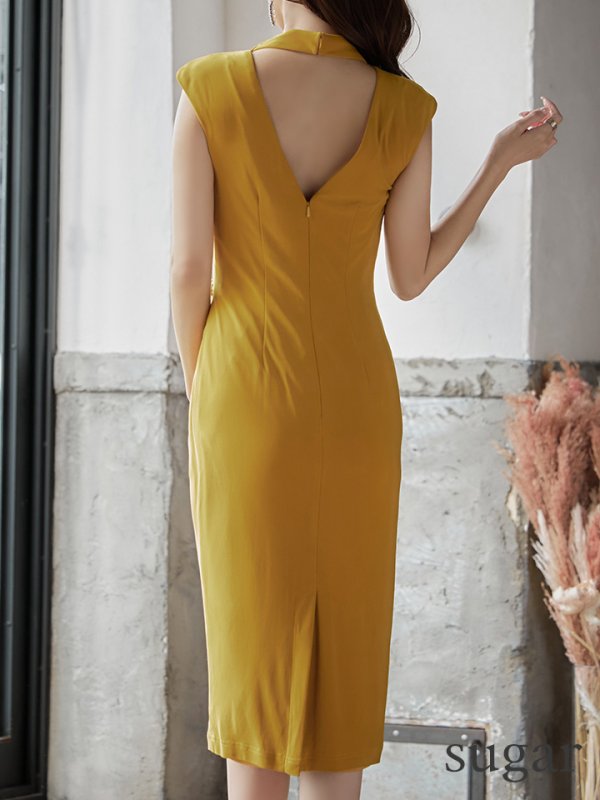 画像8: XSサイズあり【Veautt/ヴュート】【OF05】ハイネック/ ドレープ/ ウエストビジュー/ Vバック/ タイト/ ひざ丈/ ミディアム/ キャバドレス