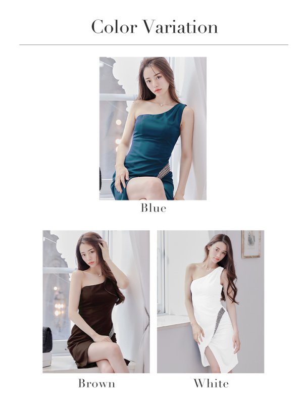 画像18: XSサイズあり【Veautt/ヴュート】【OF05】ワンショルダー/ ウエストスリットビジュー/ ひざ丈/ タイト/ アシンメトリー/ ミディアムドレス/ キャバドレス