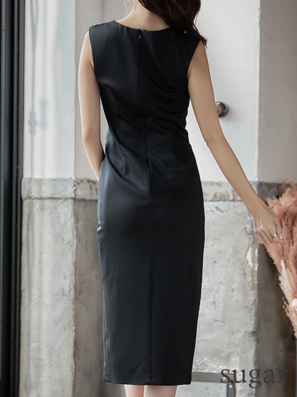 画像10: XSサイズあり【Veautt/ヴュート】【OF05】ビジュー/ アシメ襟/ スリット/ Vネック/ ストレッチ/ ひざ丈/ ミディアム/ タイト/ キャバドレス