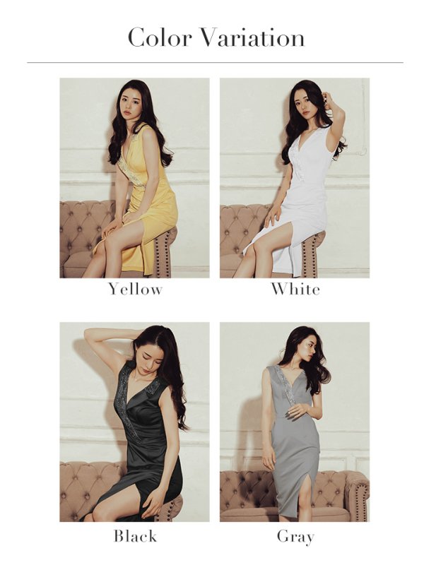 画像19: XSサイズあり【Veautt/ヴュート】【OF05】ビジュー/ アシメ襟/ スリット/ Vネック/ ストレッチ/ ひざ丈/ ミディアム/ タイト/ キャバドレス