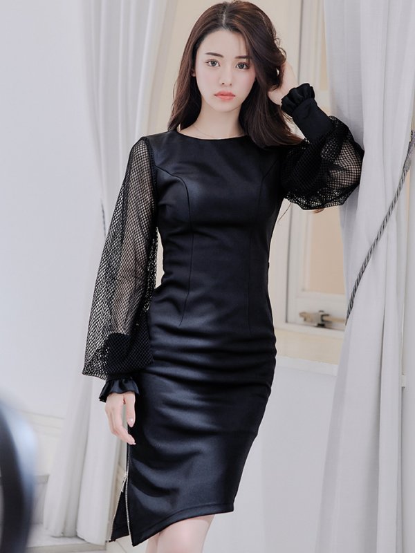 画像3: XSサイズあり【Veautt/ヴュート】【OF05】メッシュスリーブ/ 長袖/ 袖あり/ バックオープン/ ワンカラー/ アシンメトリー/ ジップスリット/ ひざ丈/ タイト/ ミディアムドレス/ キャバドレス