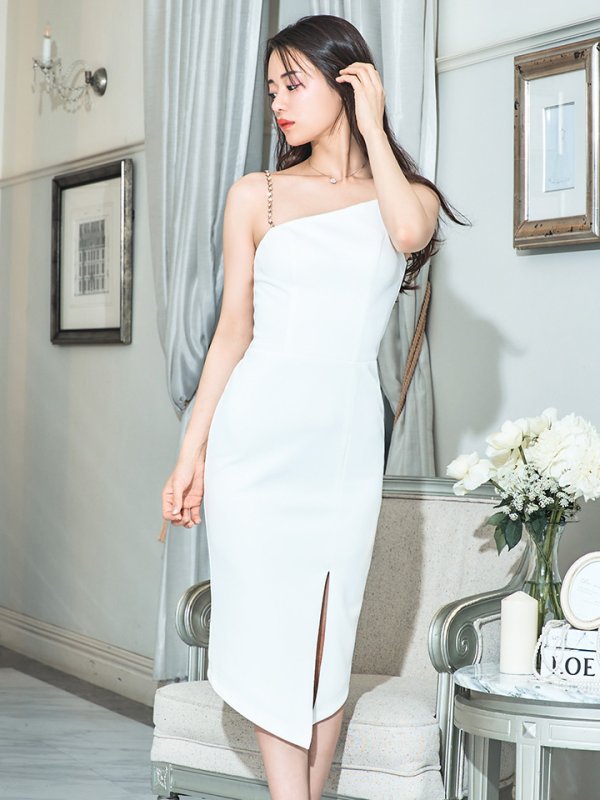 画像6: XSサイズあり【Veautt/ヴュート】【OF05】アシンメトリーショルダー/ ビジューパールベルト/ ワンカラー/ スリット/ タイト/ ミディアムドレス/ キャバドレス