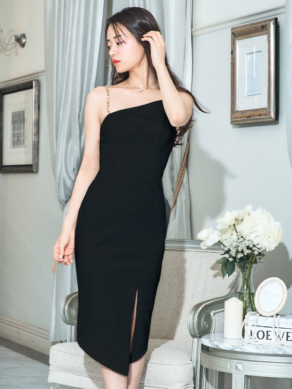 画像20: XSサイズあり【Veautt/ヴュート】【OF05】アシンメトリーショルダー/ ビジューパールベルト/ ワンカラー/ スリット/ タイト/ ミディアムドレス/ キャバドレス