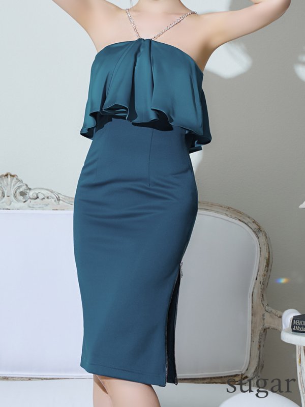 画像13: XSサイズあり【Veautt/ヴュート】【OF05】アッパーフレアデザイン/ ショルダーチェーン/ タイト/ ミディアムドレス/ キャバドレス