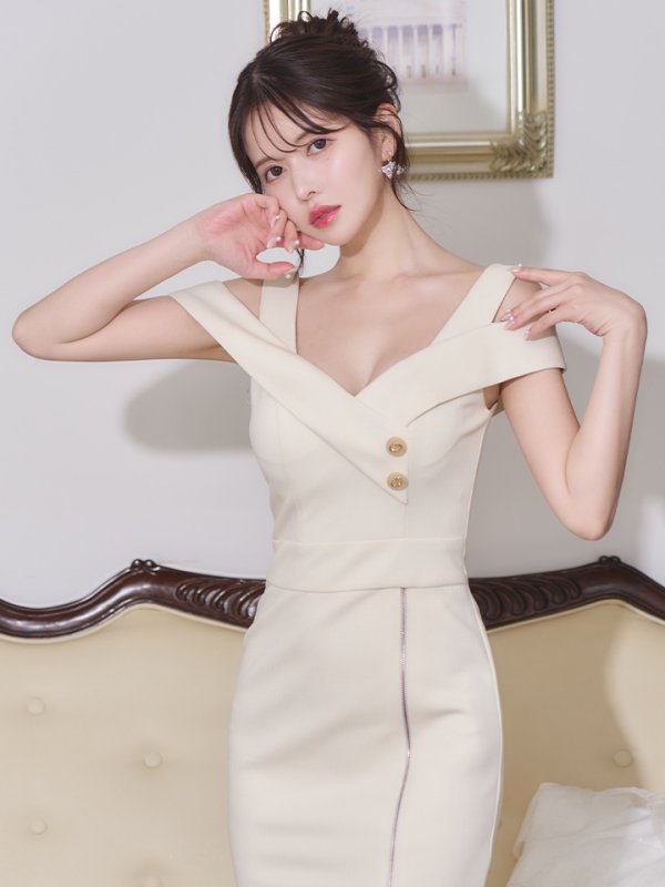 画像7: XSサイズあり【Veautt/ヴュート】【OF05】オープンショルダー/ ウエストマーク/ ボタン/ ファスナースリット/ タイト/ ミディアムドレス/ キャバドレス