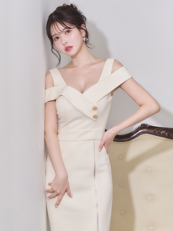 画像8: XSサイズあり【Veautt/ヴュート】【OF05】オープンショルダー/ ウエストマーク/ ボタン/ ファスナースリット/ タイト/ ミディアムドレス/ キャバドレス