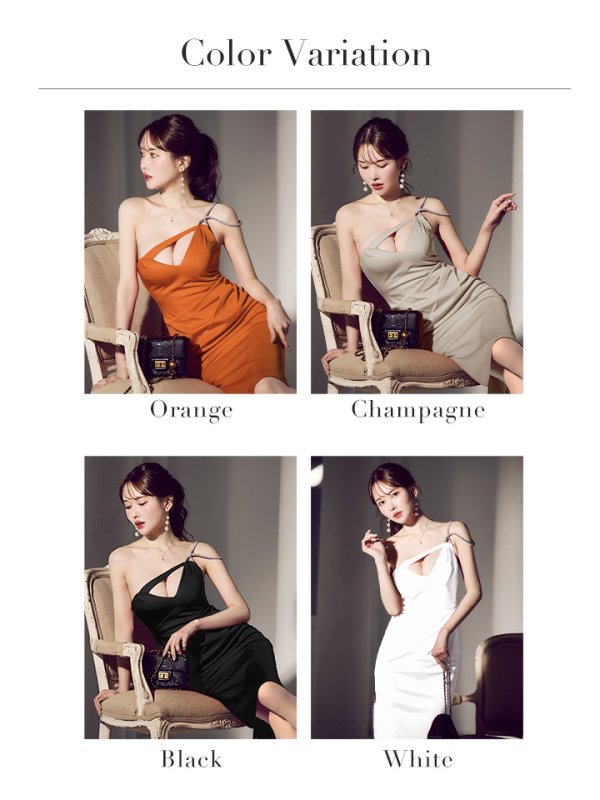 画像31: XSサイズあり【Veautt/ヴュート】【OF05】ショルダーデザインビジュー/ バストカット/ ウエストタック/ ミディアムドレス/ キャバドレス