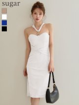 XSサイズあり【Veautt/ヴュート】フロントチャーム/ ベアシルエットデザイン/ ウエストギャザー/ ミディアムタイトドレス/ キャバドレス[OF05]