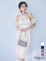 XSサイズあり【Veautt/ヴュート】【OF05】アメスリ/ ビジュー/ メッシュ/ パフスリーブ/ 2way/ タイト/ ミディアムドレス/ キャバドレス