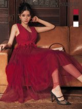 【予約商品/12月上旬-12月中旬発送予定】XSサイズあり【Veautt/ヴュート】【OF05】ノースリーブ/ ウエストフリル/ ペプラムデザイン/ チュール/ シフォン/ ロングフレア/ ミディアムドレス/ キャバドレス