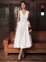 【予約商品/12月上旬-12月中旬発送予定】XSサイズあり【Veautt/ヴュート】【OF05】ノースリーブ/ ウエストフリル/ ペプラムデザイン/ チュール/ シフォン/ ロングフレア/ ミディアムドレス/ キャバドレス