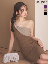 XSサイズあり【Veautt/ヴュート】ワンショルダー/ ウエストタック/ アシンメトリー/ バイカラー/ サイドファスナー/ タイト/ ミディアムドレス/ キャバドレス【OF05】