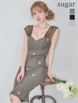 XSサイズあり【Veautt/ヴュート】【OF05】シアーショルダー/ ビジュー/ タイト/ ミディアムドレス/ キャバドレス