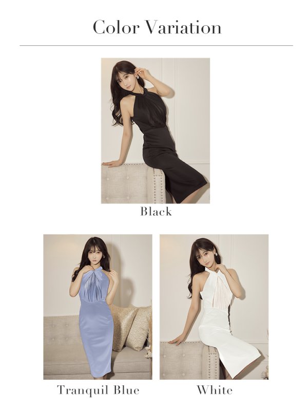 画像21: XSサイズあり【Veautt/ヴュート】【OF05】フロントシフォン/ ギャザー/ アメリカンスリーブ/ ホルター/ ハイネック/ タイト/ ひざ丈/ ミディアム/ キャバドレス