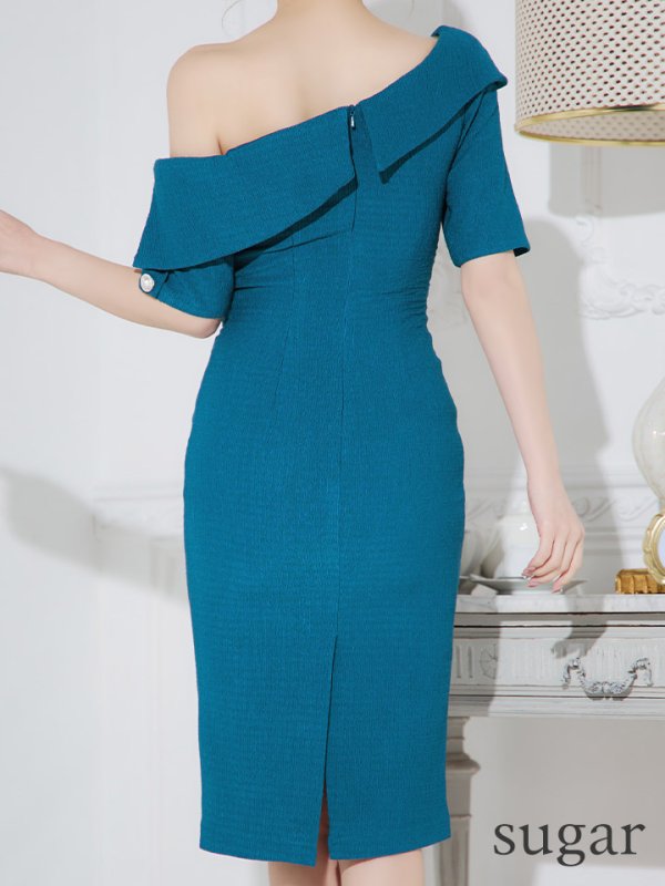 画像19: XSサイズあり【Veautt/ヴュート】【OF05】ワンショルダー/ ボタン/ ハーフスリーブ/ ワンカラー/ ひざ丈/ タイト/ ミディアムドレス/ キャバドレス