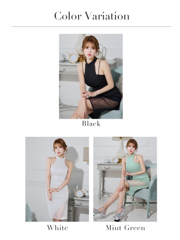 画像25: XSサイズあり【Veautt/ヴュート】【OF05】アメリカンスリーブ/ ヘムシースルーメッシュ/ ワンカラー/ ストレッチ/ タイト/ ミディアムドレス/ キャバドレス