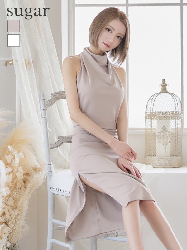 XSサイズあり【Veautt/ヴュート】【OF05】ハイネック/ サイドスリット/ ファスナー/ タイト/ひざ丈/ミディアム/ ミニドレス/ キャバドレス　ベージュ