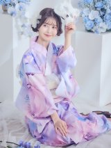 パステル水彩フラワーアンニュイ浴衣【浴衣３点セット 浴衣/帯/下駄】OBI-siwa-200-kj-13-OW / HIMO-906-yn-PEARL / HEKO-800-sb-5-W / GETA-01-kj-3-IV/ [YMT]