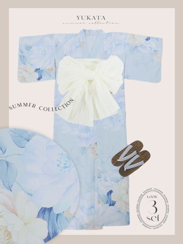 画像25: 【即日発送】ベビーブルー牡丹＆紫陽花浴衣【浴衣３点セット 浴衣/帯/下駄】[YMT]